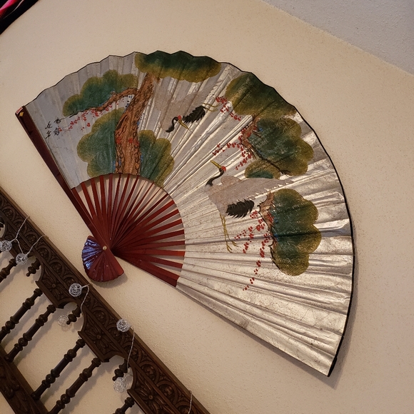 🦋 Large Antique Asian painted Wood hanging wall fan - Picture 3 of 4